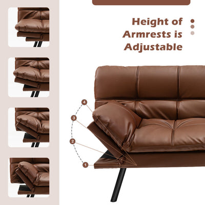 Convertible Memory Foam Futon Sofa Bed with Adjustable Armrest--Brown