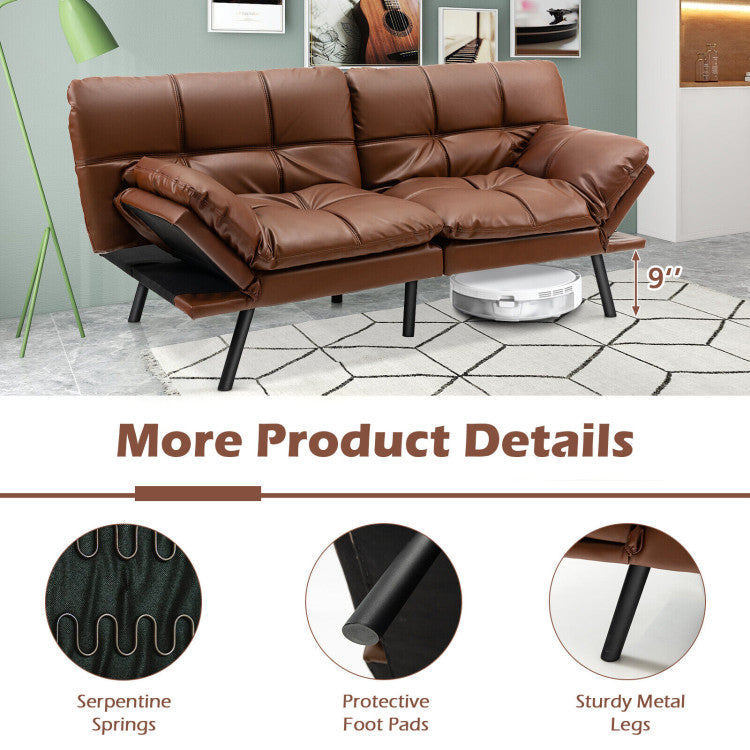 Convertible Memory Foam Futon Sofa Bed with Adjustable Armrest--Brown