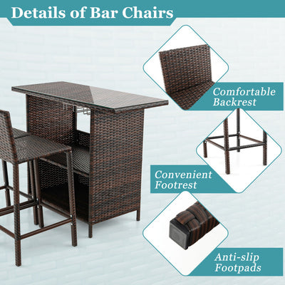 3 Pieces Outdoor Wicker Bar Set with 3 Rows Stemware Racks