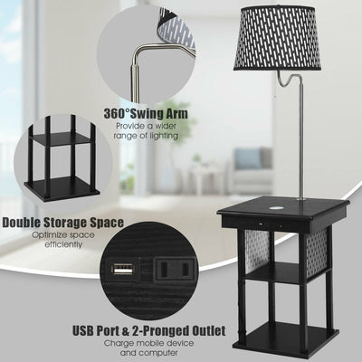 Floor Lamp Bedside Desk with USB Charging Ports Shelves