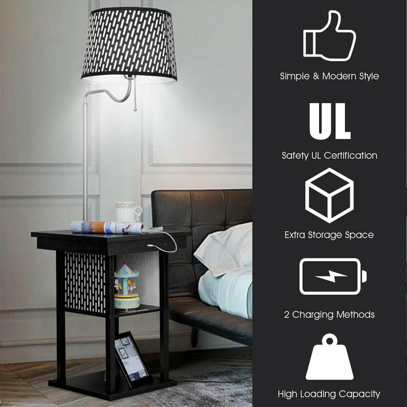 Floor Lamp Bedside Desk with USB Charging Ports Shelves