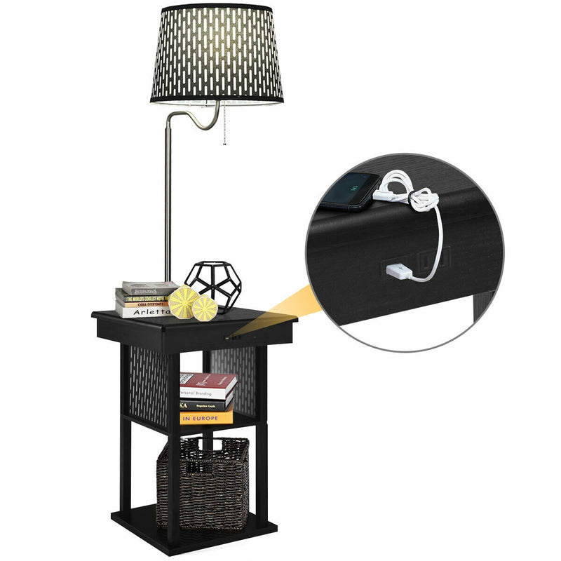 Floor Lamp Bedside Desk with USB Charging Ports Shelves