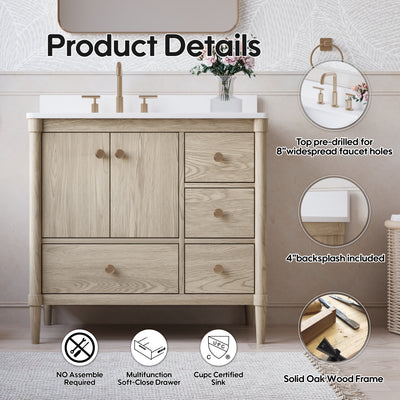 36-Inch Freestanding Oak Bathroom Vanity with White Quartz Top Sink