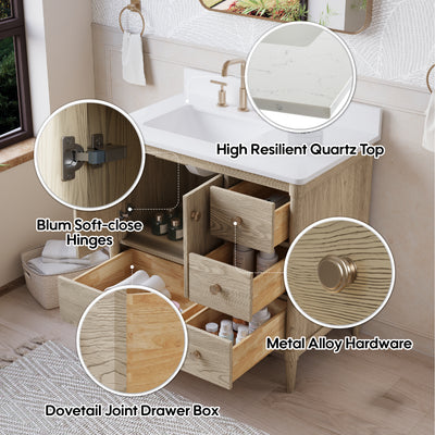 36-Inch Freestanding Oak Bathroom Vanity with White Quartz Top Sink