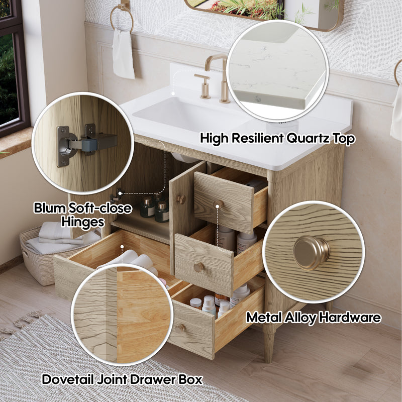 36-Inch Freestanding Oak Bathroom Vanity with White Quartz Top Sink