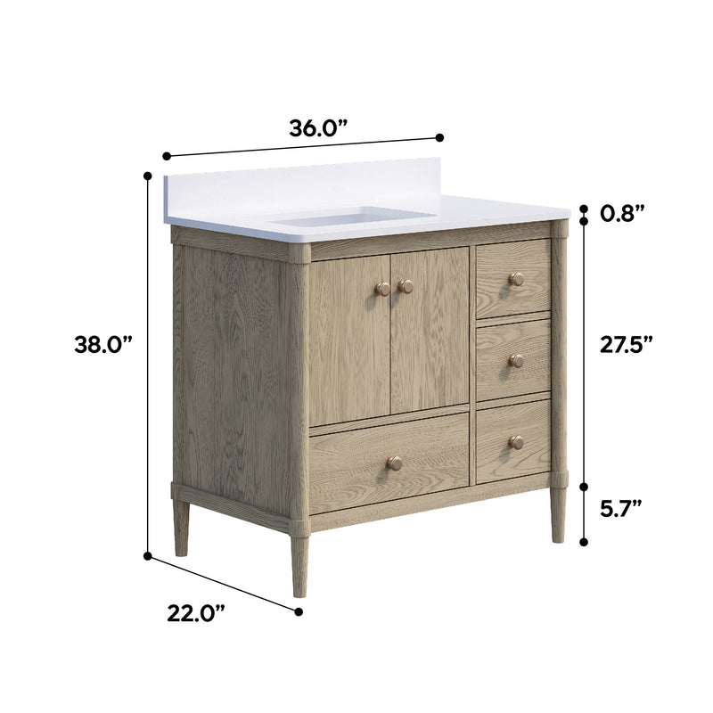 36-Inch Freestanding Oak Bathroom Vanity with White Quartz Top Sink