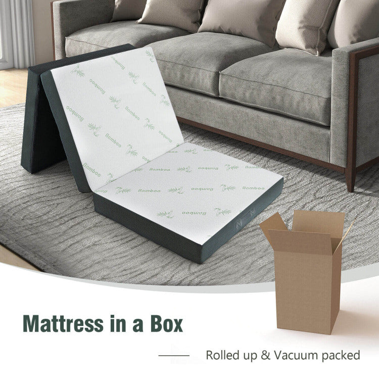 76 x 31 x 4 Inch Tri Folding Foam Mattress with Bamboo Fiber Cover and Handle