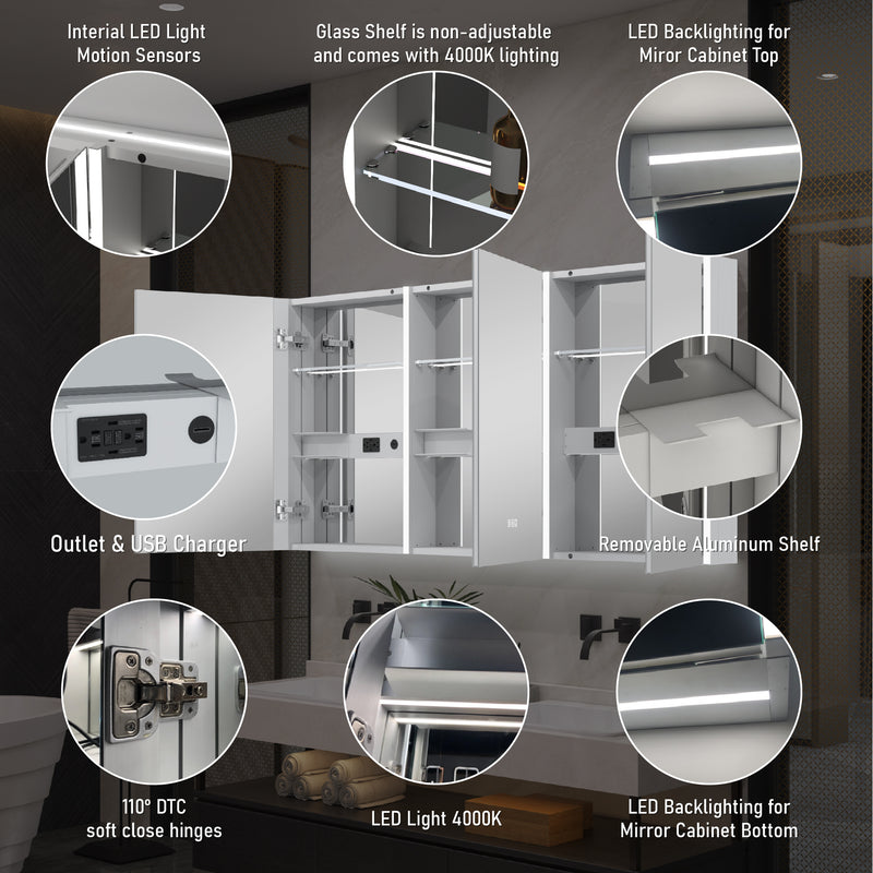 60 in. x 30 in.  Lighted LED Fog Free Surface Mount Silver Mirrored Soft Close Medicine Cabinet