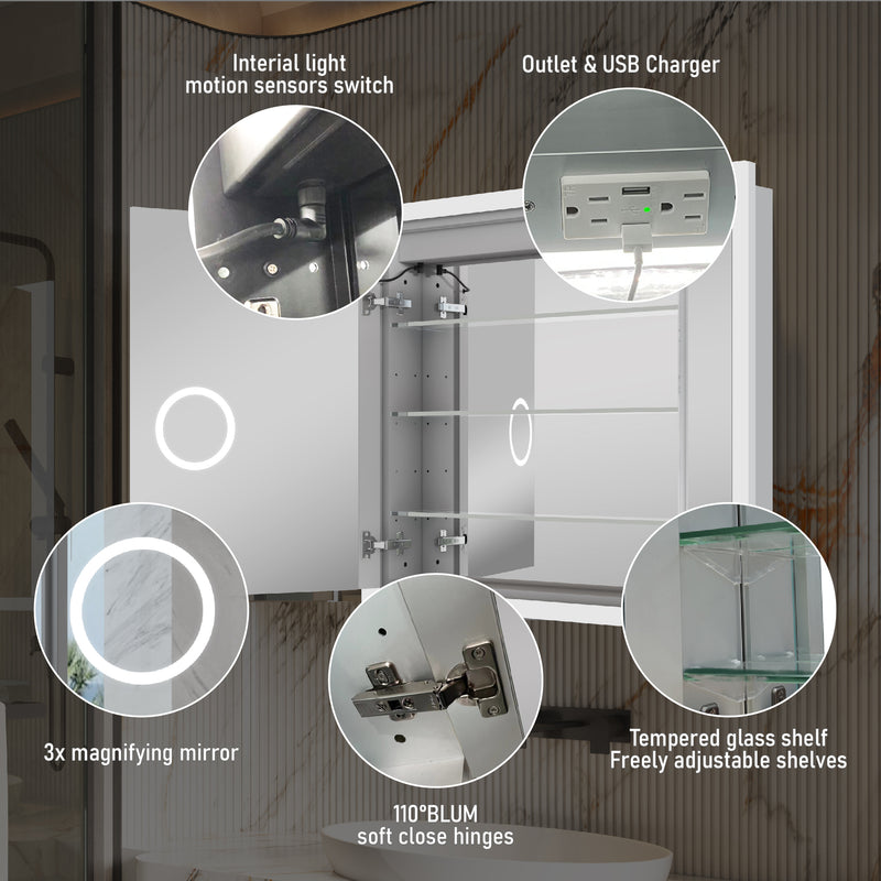 36 in.  x 32 in.  Lighted LED Fog Free Surface/Recessed Mount Silver Mirrored Soft Close Medicine Cabinet