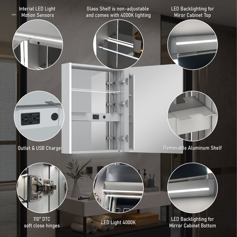 24 in. x 30 in.  Lighted LED Fog Free Surface Mount Silver Mirrored Soft Close Right Medicine Cabinet