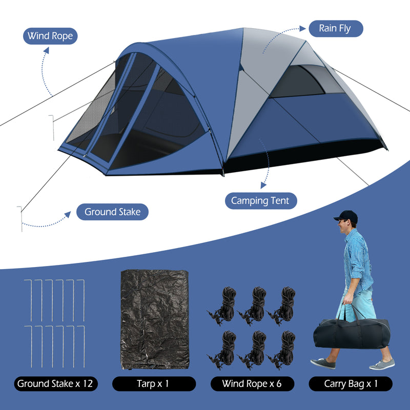 6-Person Large Camping Dome Tent with Screen Room Porch and Removable Rainfly