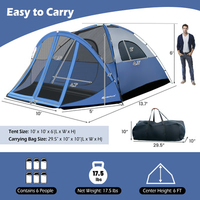 6-Person Large Camping Dome Tent with Screen Room Porch and Removable Rainfly