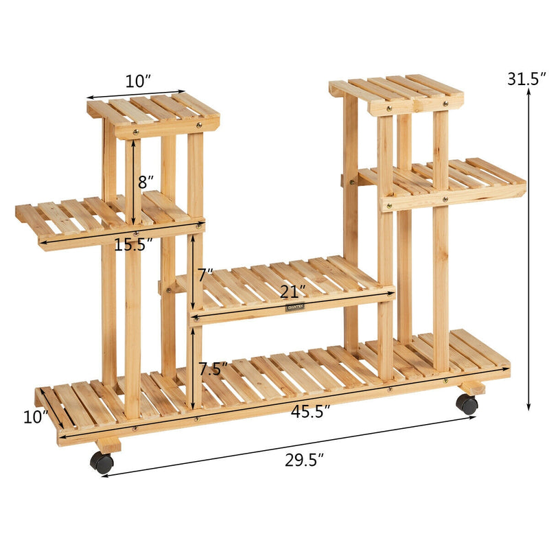 4-Tier Wood Casters Rolling Shelf Plant Stand-Natural