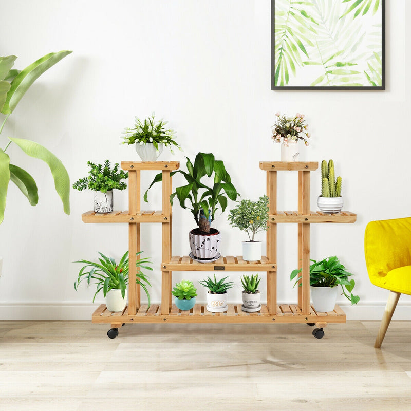 4-Tier Wood Casters Rolling Shelf Plant Stand-Natural