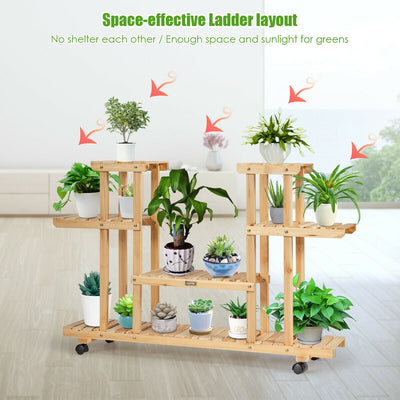 4-Tier Wood Casters Rolling Shelf Plant Stand-Natural