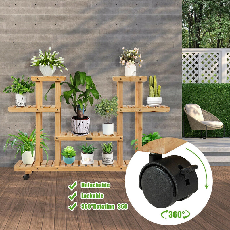 4-Tier Wood Casters Rolling Shelf Plant Stand-Natural