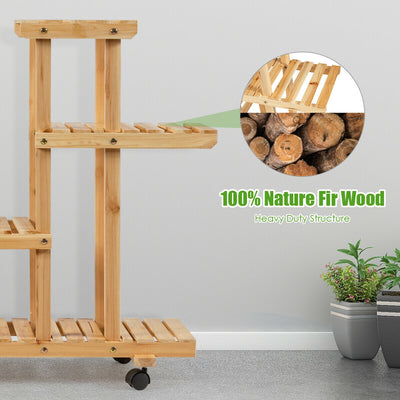 4-Tier Wood Casters Rolling Shelf Plant Stand-Natural