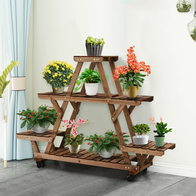 Wooden Plant Stand with Wheels Pots Holder Display Shelf