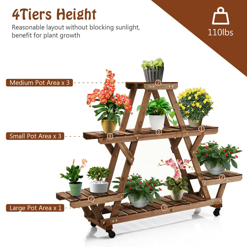 Wooden Plant Stand with Wheels Pots Holder Display Shelf