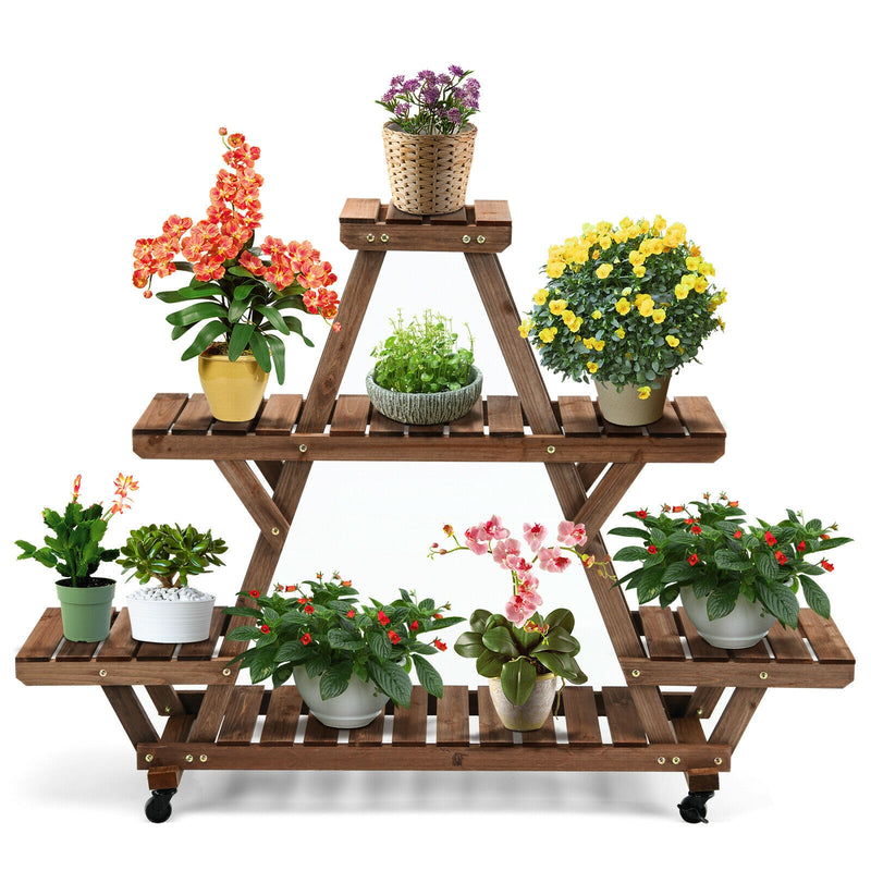 Wooden Plant Stand with Wheels Pots Holder Display Shelf