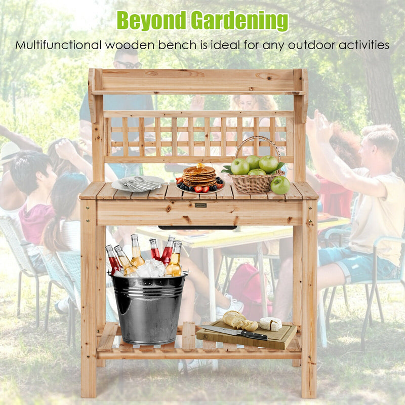 Garden Potting Bench Workstation Table with Sliding Tabletop Sink Shelves