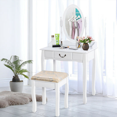 Dressing Vanity Table Set with Detachable Mirror and Cushioned Stool