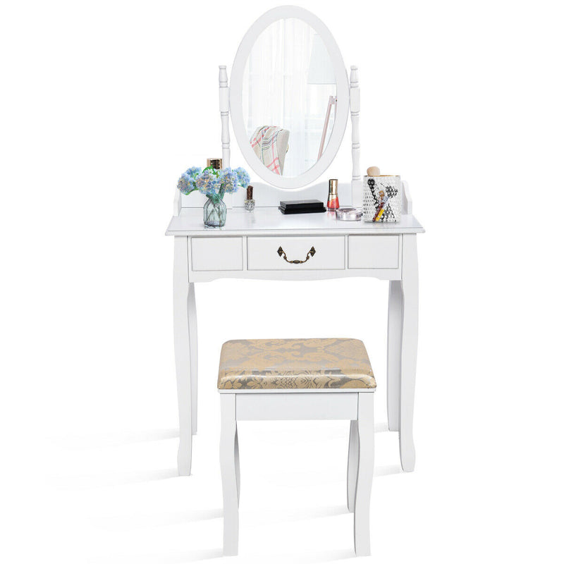 Dressing Vanity Table Set with Detachable Mirror and Cushioned Stool