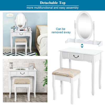 Dressing Vanity Table Set with Detachable Mirror and Cushioned Stool