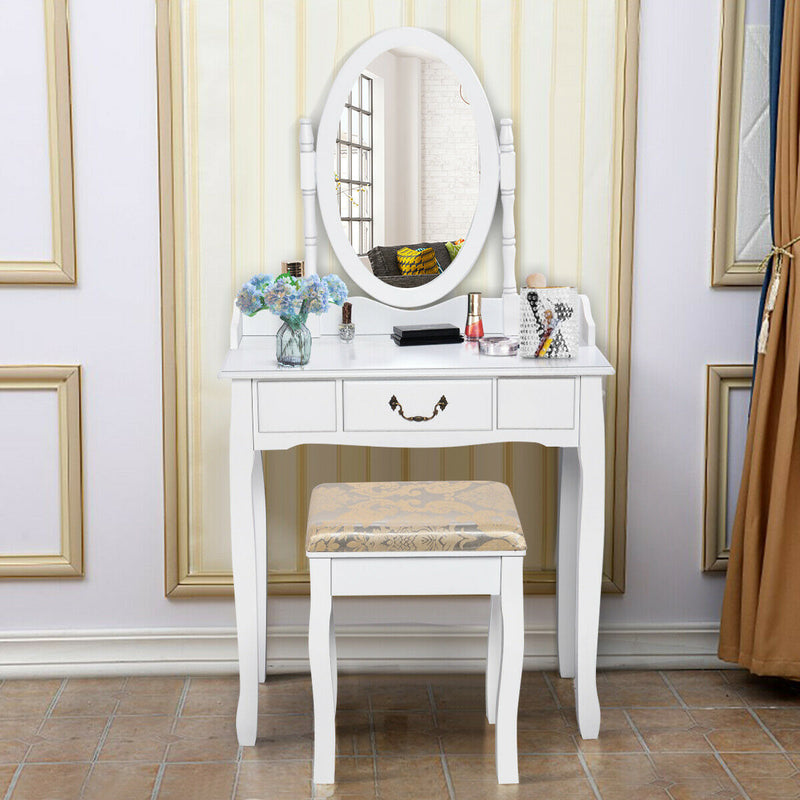 Dressing Vanity Table Set with Detachable Mirror and Cushioned Stool