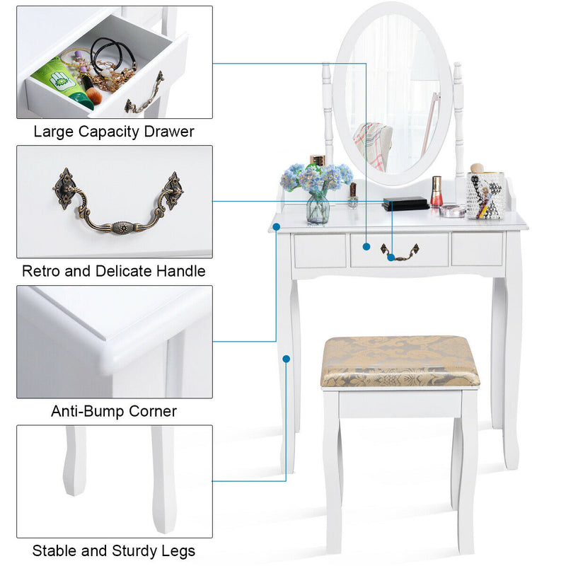 Dressing Vanity Table Set with Detachable Mirror and Cushioned Stool