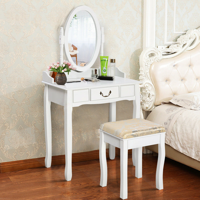 Dressing Vanity Table Set with Detachable Mirror and Cushioned Stool