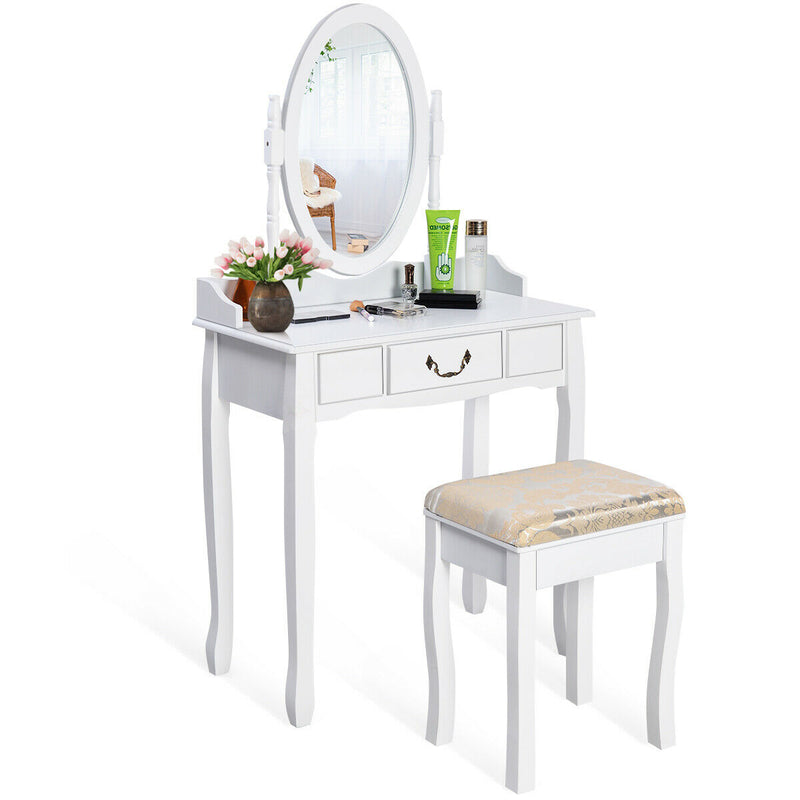 Dressing Vanity Table Set with Detachable Mirror and Cushioned Stool