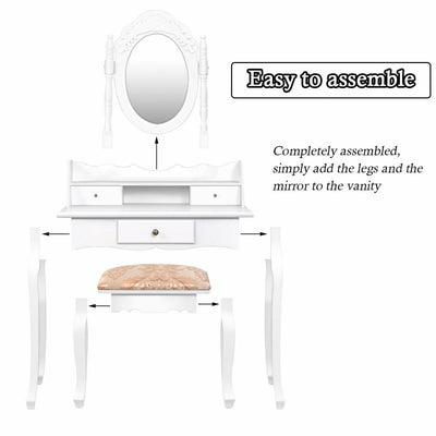 Vanity Makeup Mirrored Dressing Table with Stool and 3 Drawers