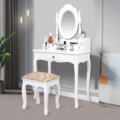 Vanity Makeup Mirrored Dressing Table with Stool and 3 Drawers