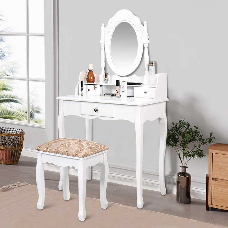 Vanity Makeup Mirrored Dressing Table with Stool and 3 Drawers