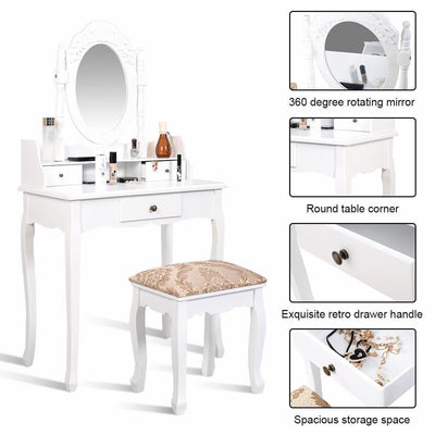 Vanity Makeup Mirrored Dressing Table with Stool and 3 Drawers