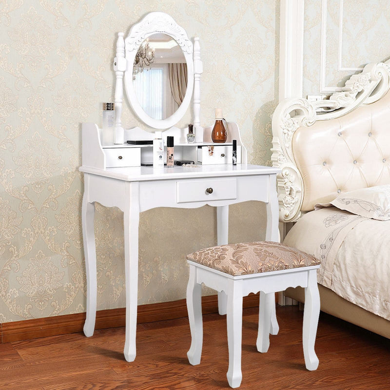 Vanity Makeup Mirrored Dressing Table with Stool and 3 Drawers