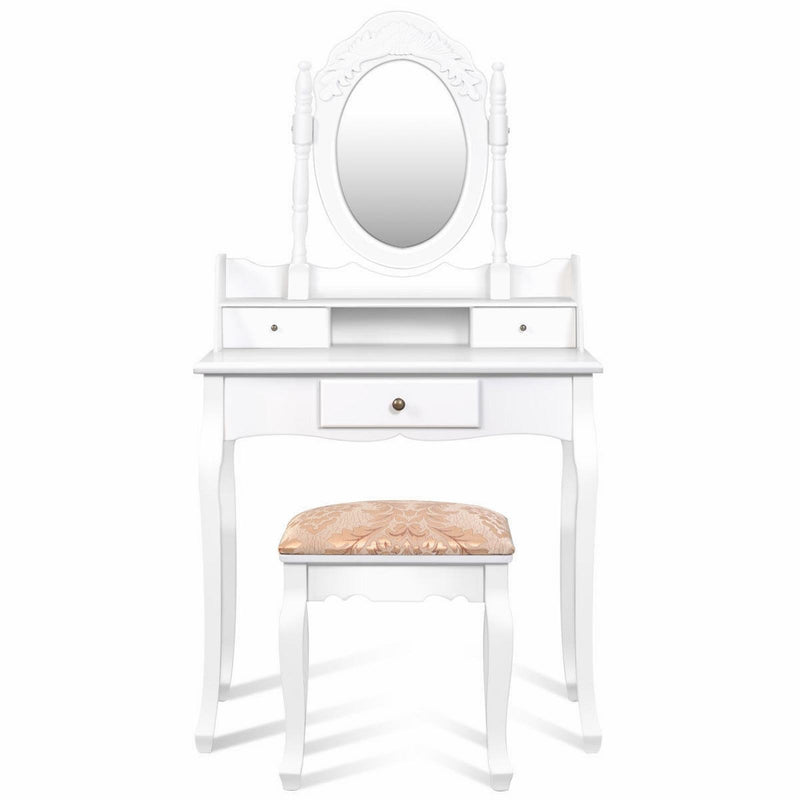 Vanity Makeup Mirrored Dressing Table with Stool and 3 Drawers