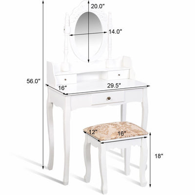 Vanity Makeup Mirrored Dressing Table with Stool and 3 Drawers