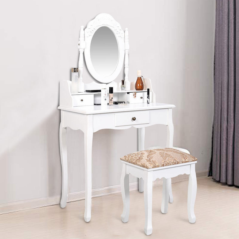 Vanity Makeup Mirrored Dressing Table with Stool and 3 Drawers