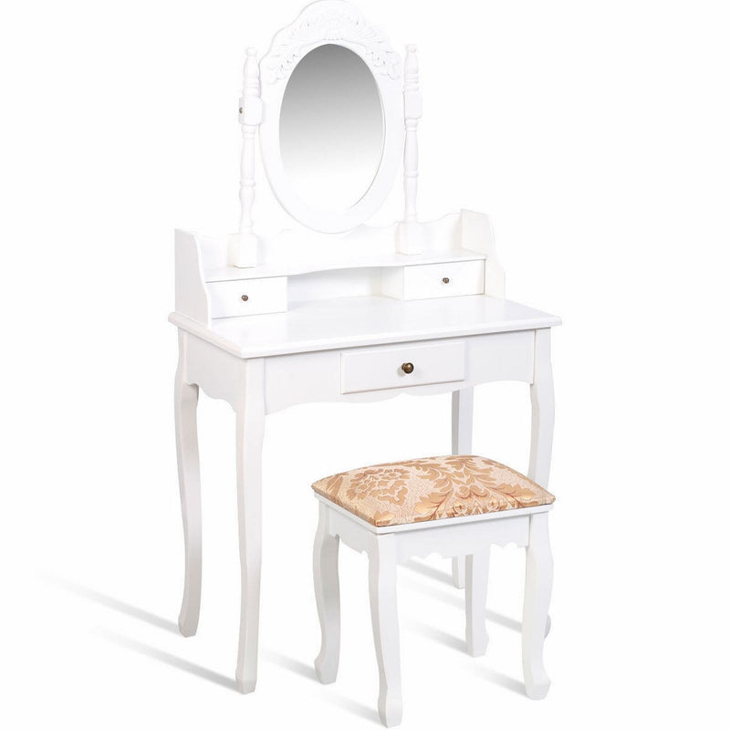 Vanity Makeup Mirrored Dressing Table with Stool and 3 Drawers