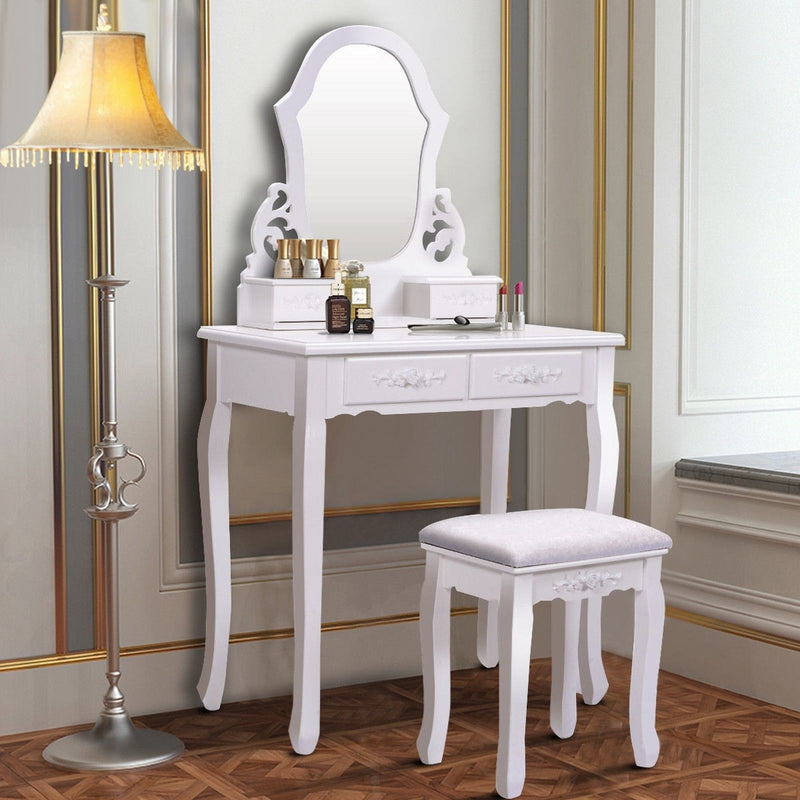 4-Drawer Makeup Vanity Table Set with Detachable Mirror and Stool