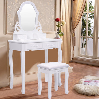 4-Drawer Makeup Vanity Table Set with Detachable Mirror and Stool