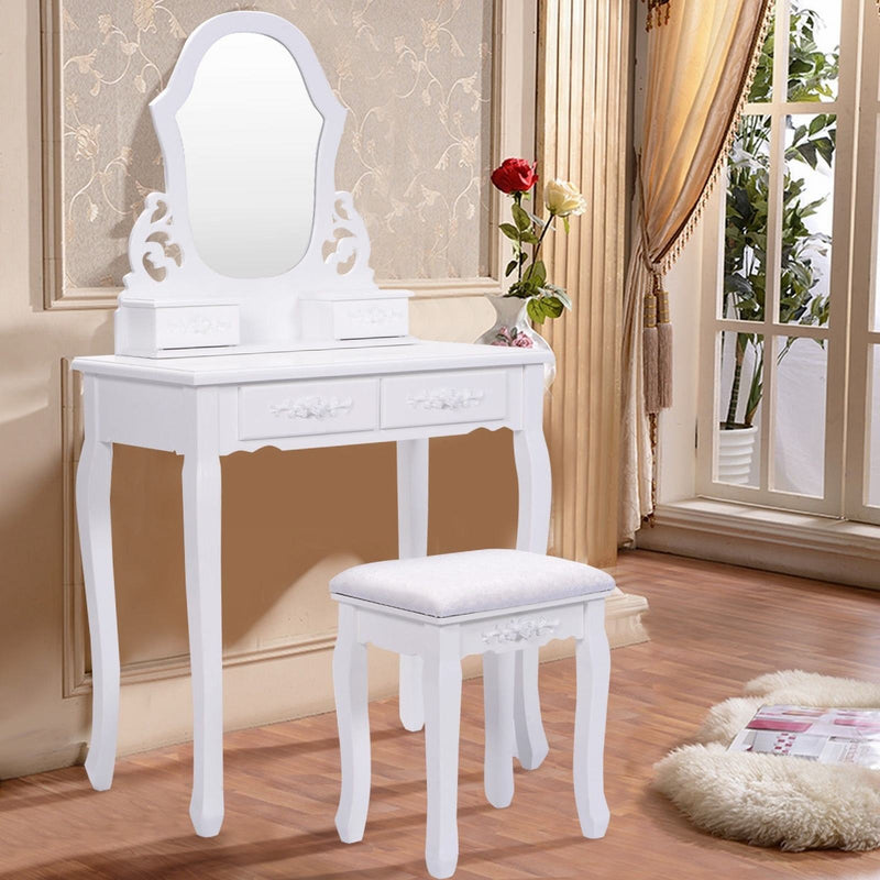 4-Drawer Makeup Vanity Table Set with Detachable Mirror and Stool