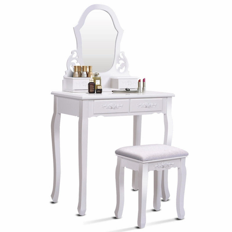 4-Drawer Makeup Vanity Table Set with Detachable Mirror and Stool