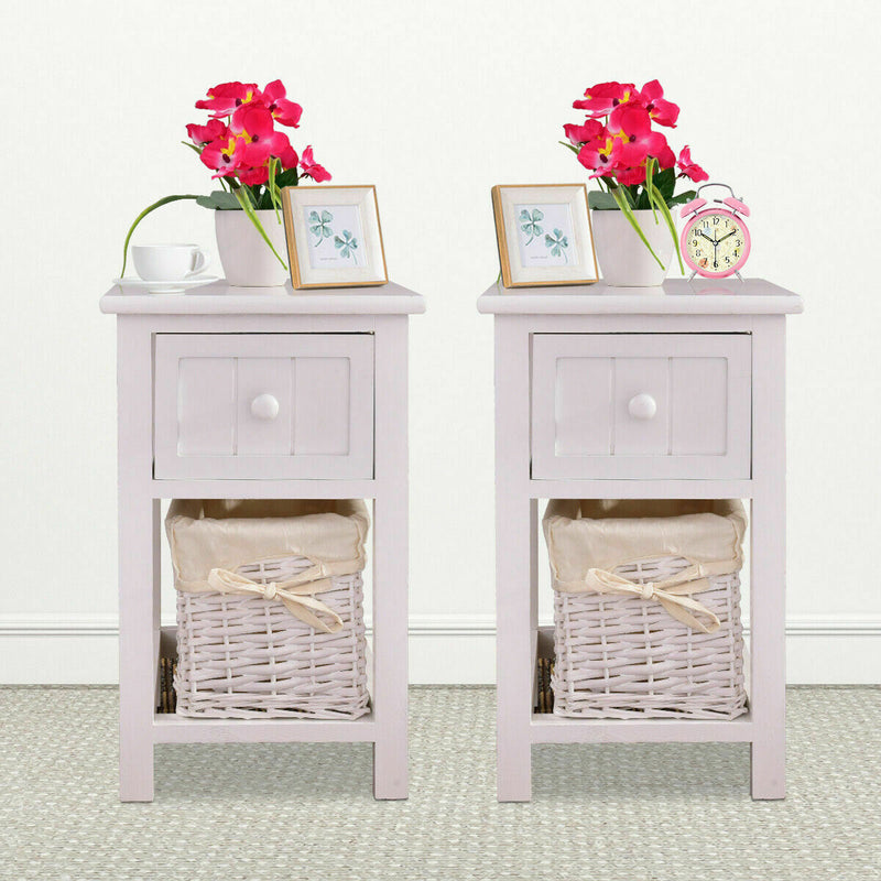 2 Pcs 2-Layer Nightstand End Table with a Removable Wicker Basket