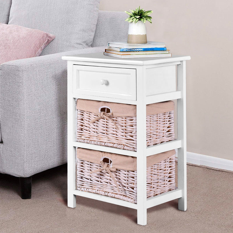 3-Tier Wooden Nightstand End Table with 2 Removable Baskets