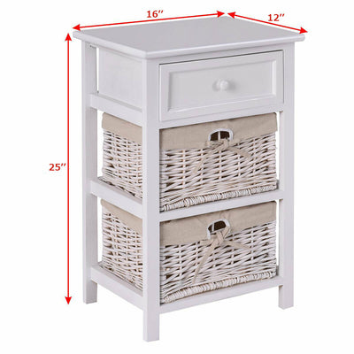 3-Tier Wooden Nightstand End Table with 2 Removable Baskets