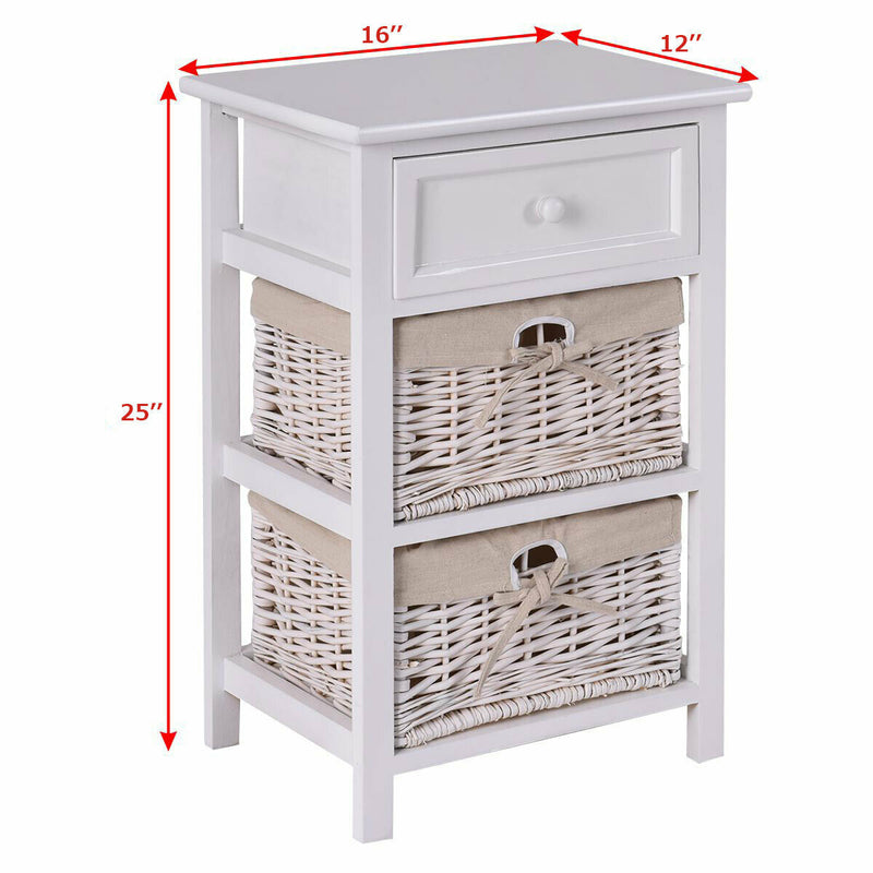 3-Tier Wooden Nightstand End Table with 2 Removable Baskets