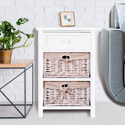 3-Tier Wooden Nightstand End Table with 2 Removable Baskets